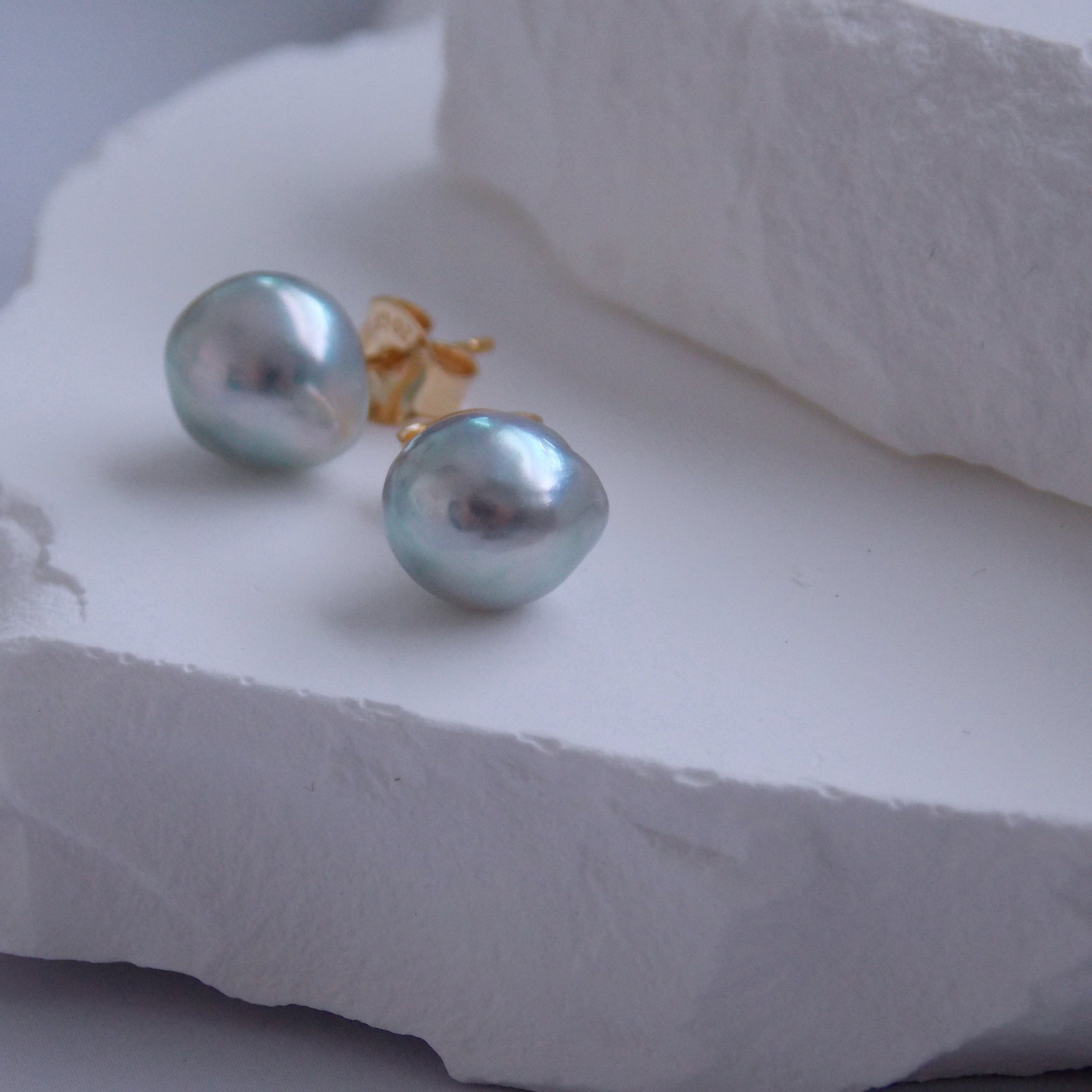 Natural Blue Akoya Baroque Pearl Studs (14k Gold Filled)