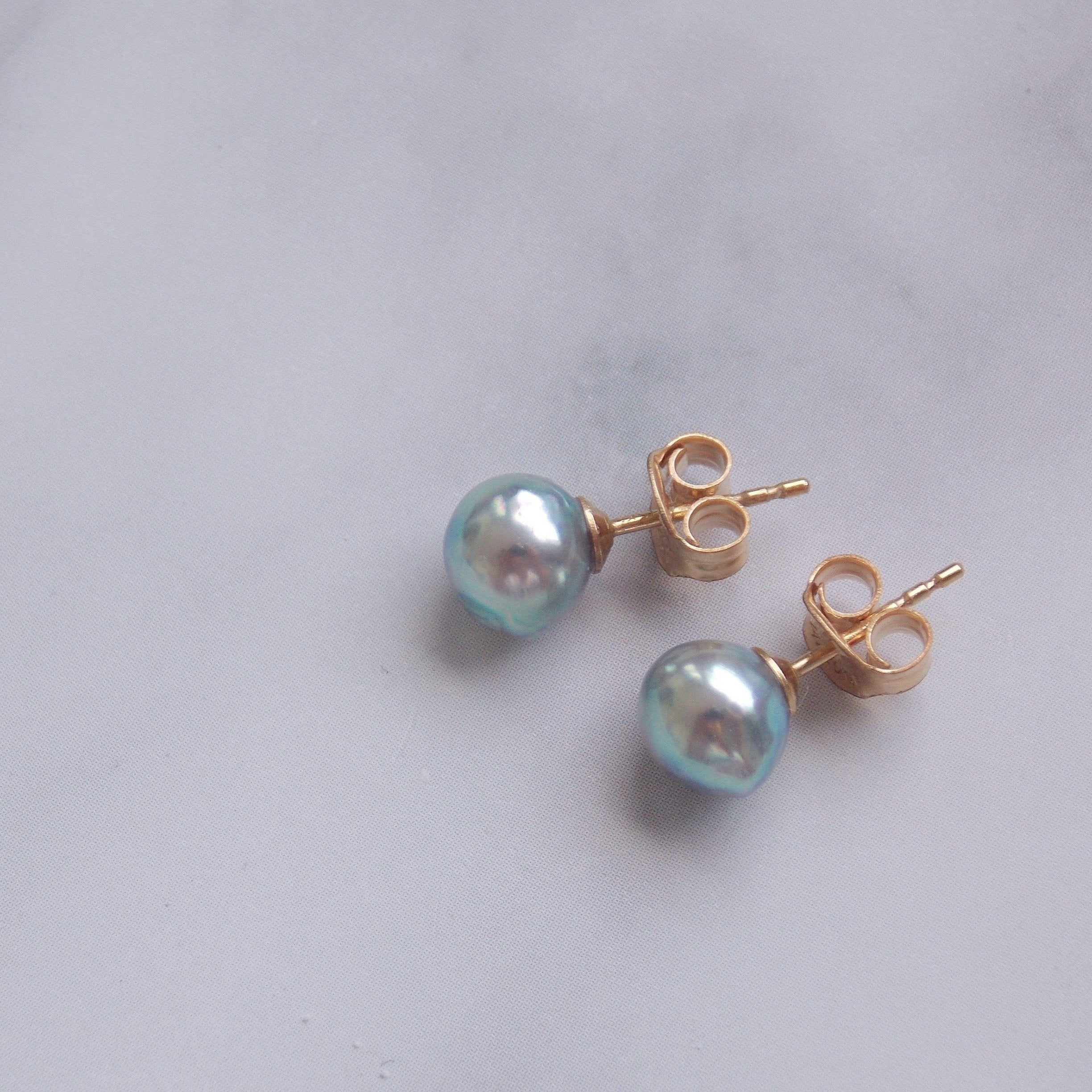 Natural Blue Akoya Baroque Pearl Studs (14k Solid Gold)