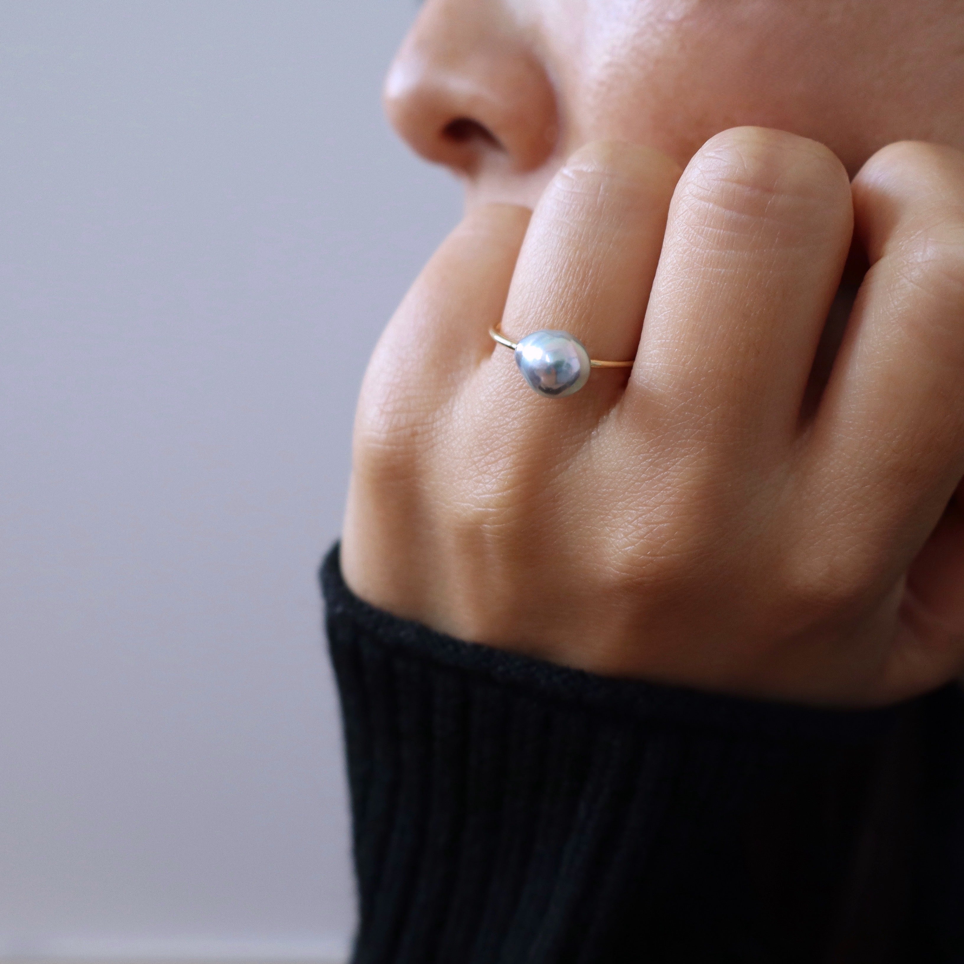 Natural Blue Akoya Baroque Pearl Ring