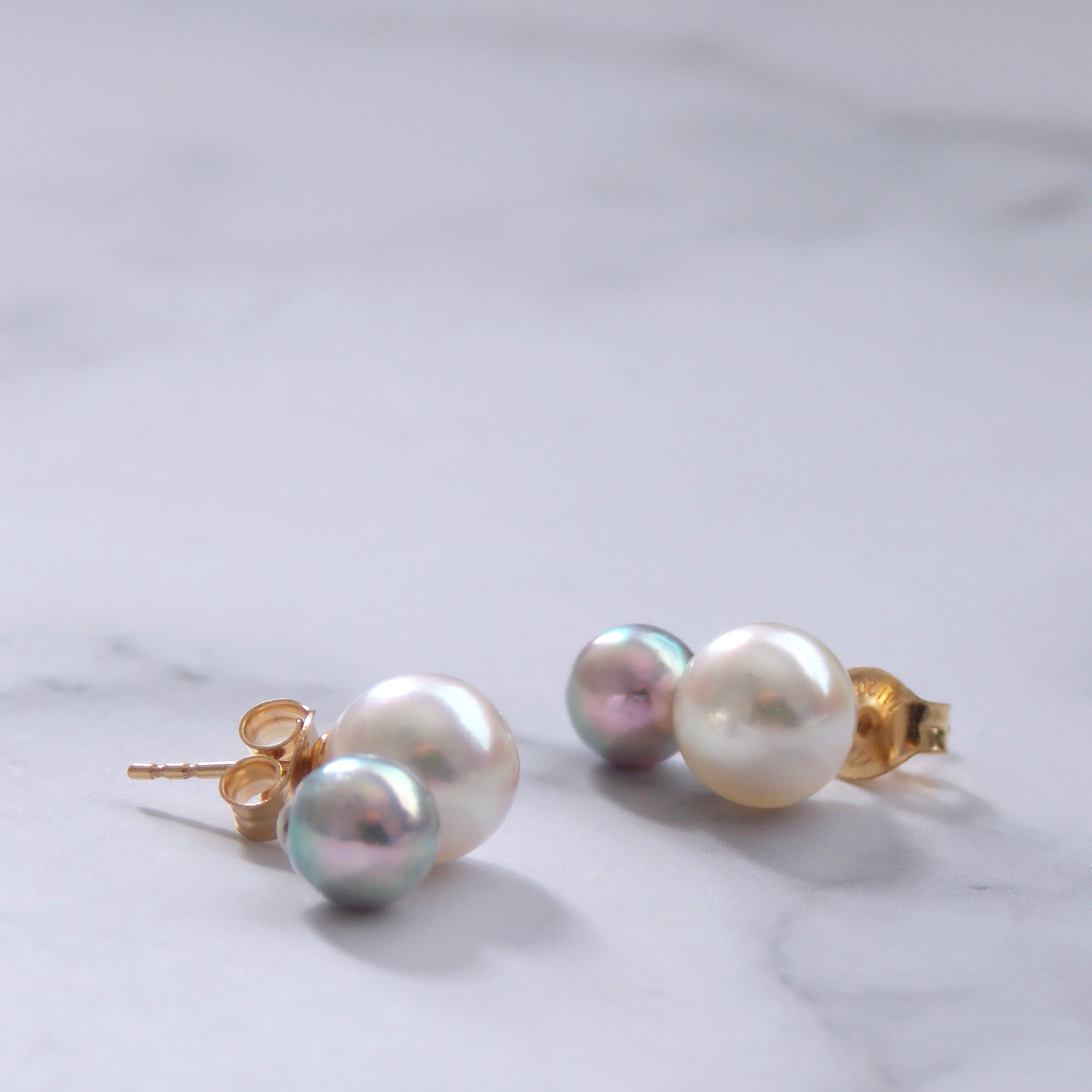 Akoya Baroque Pearl Studs - Blue x White (14k Solid Gold)