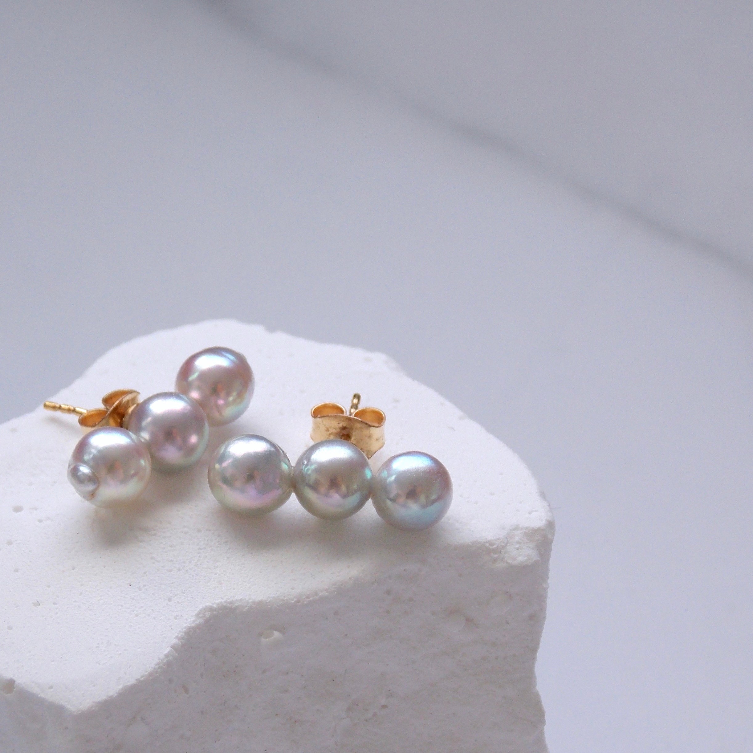 Natural Color Akoya Baroque Pearl Studs - The Triplets (14k Solid Gold)