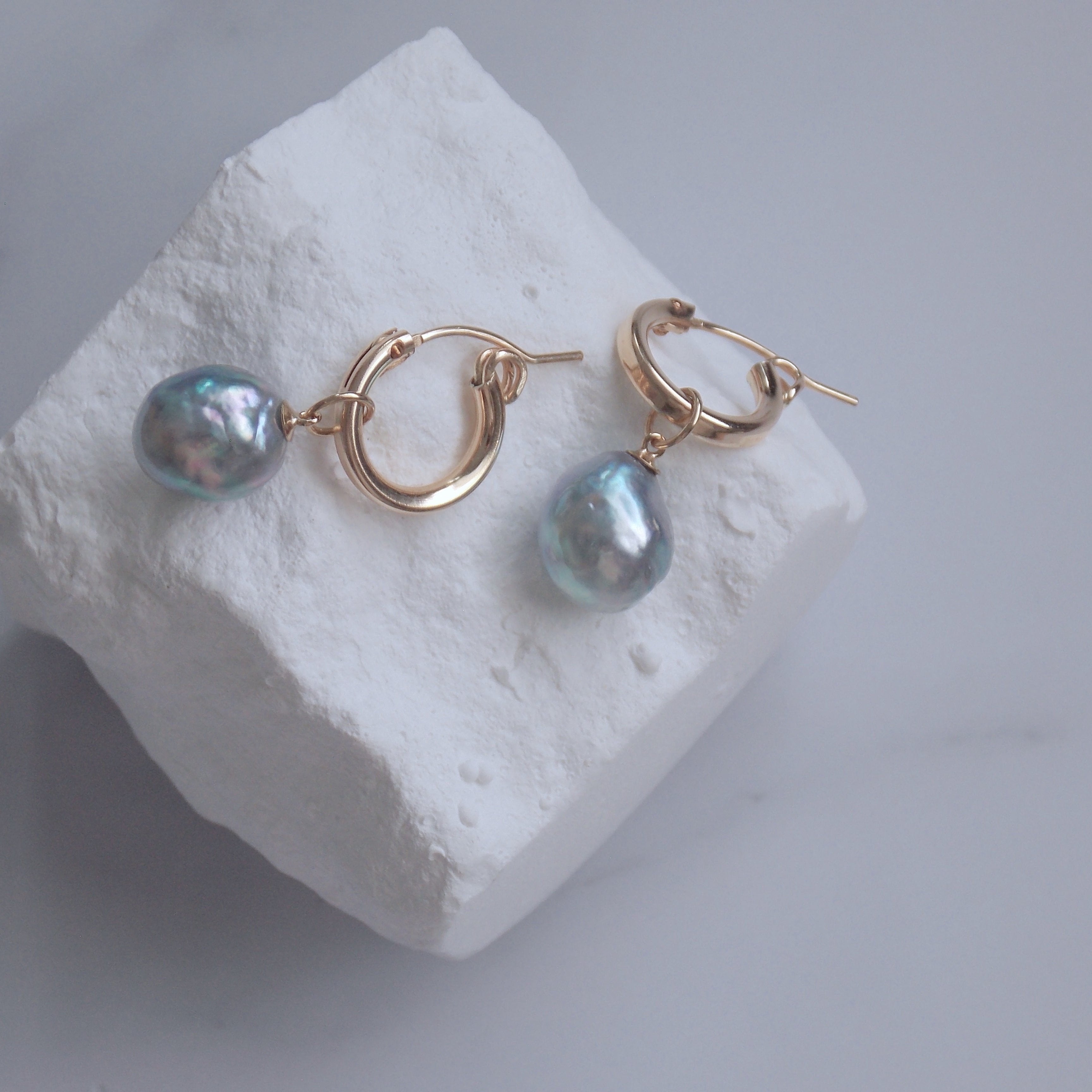 Natural Blue Akoya Baroque Pearl Huggies