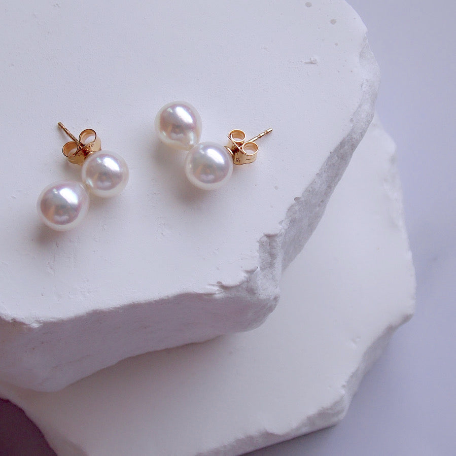 White Akoya Pearl Studs  -  The Twins (14k Solid Gold)