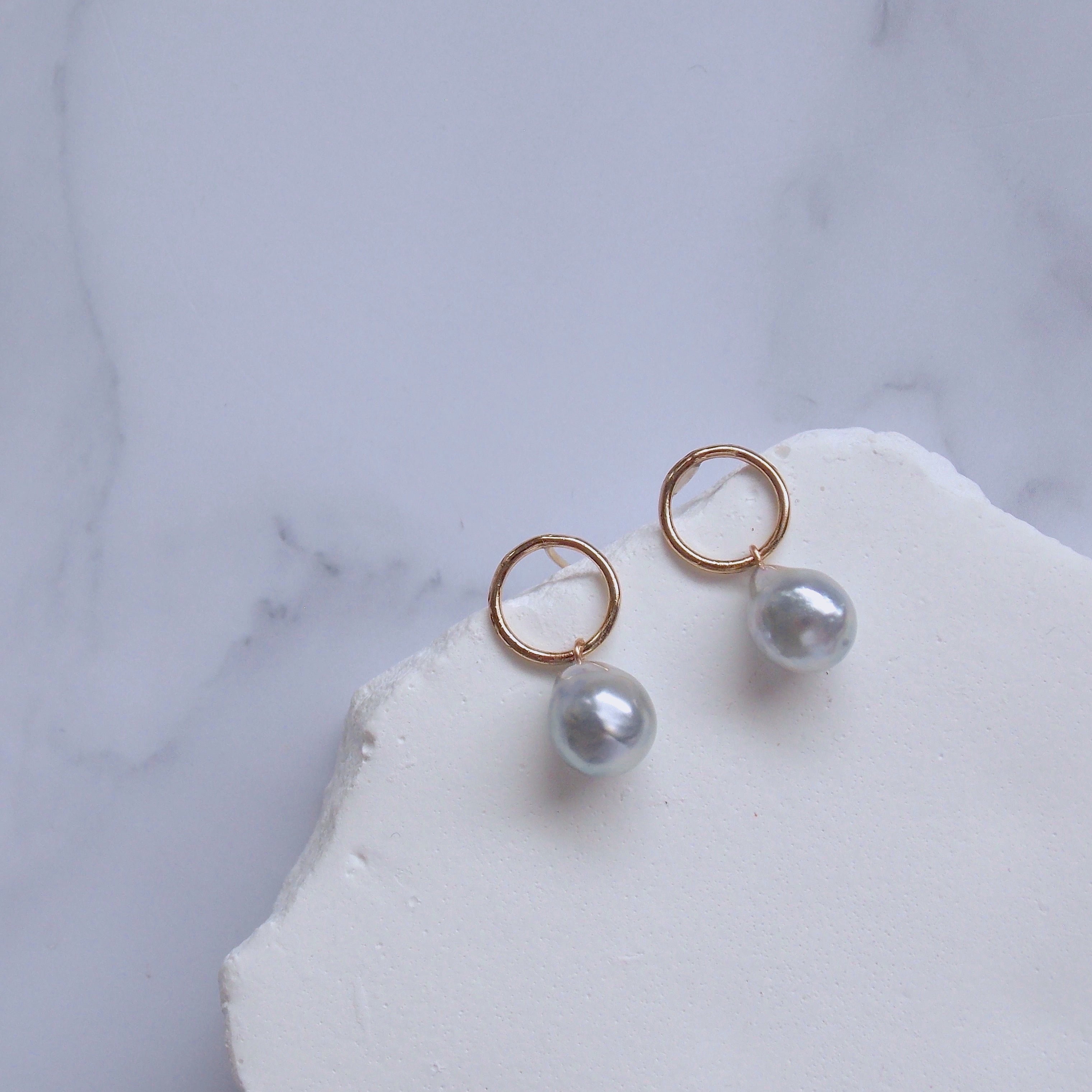 Natural Blue Akoya Baroque Pearl Earrings (Gold Ring)